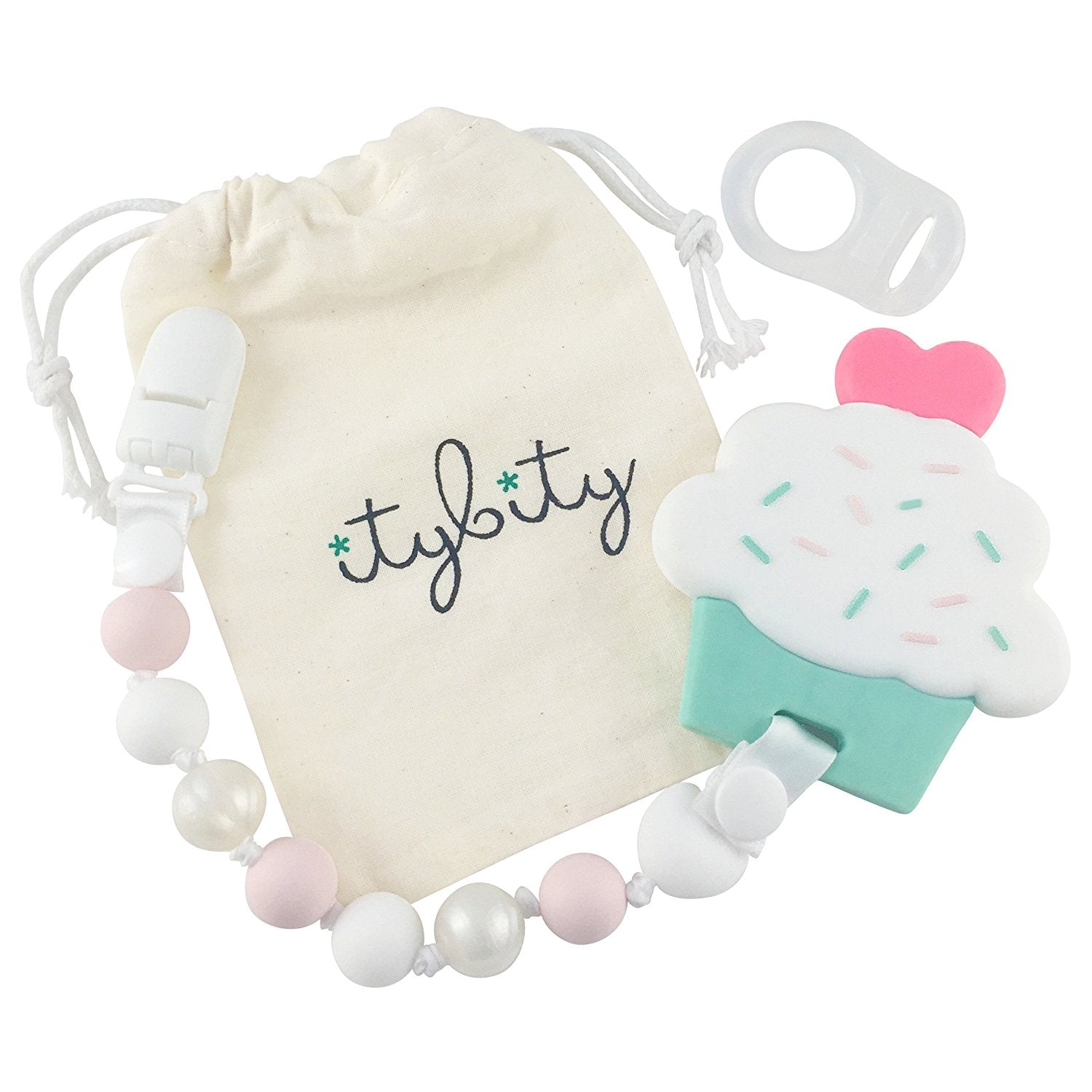 Cupcake and Pacifier Clip Teether Set (Pink, White)
