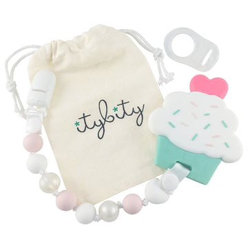 Cupcake and Pacifier Clip Teether Set (Pink, White)