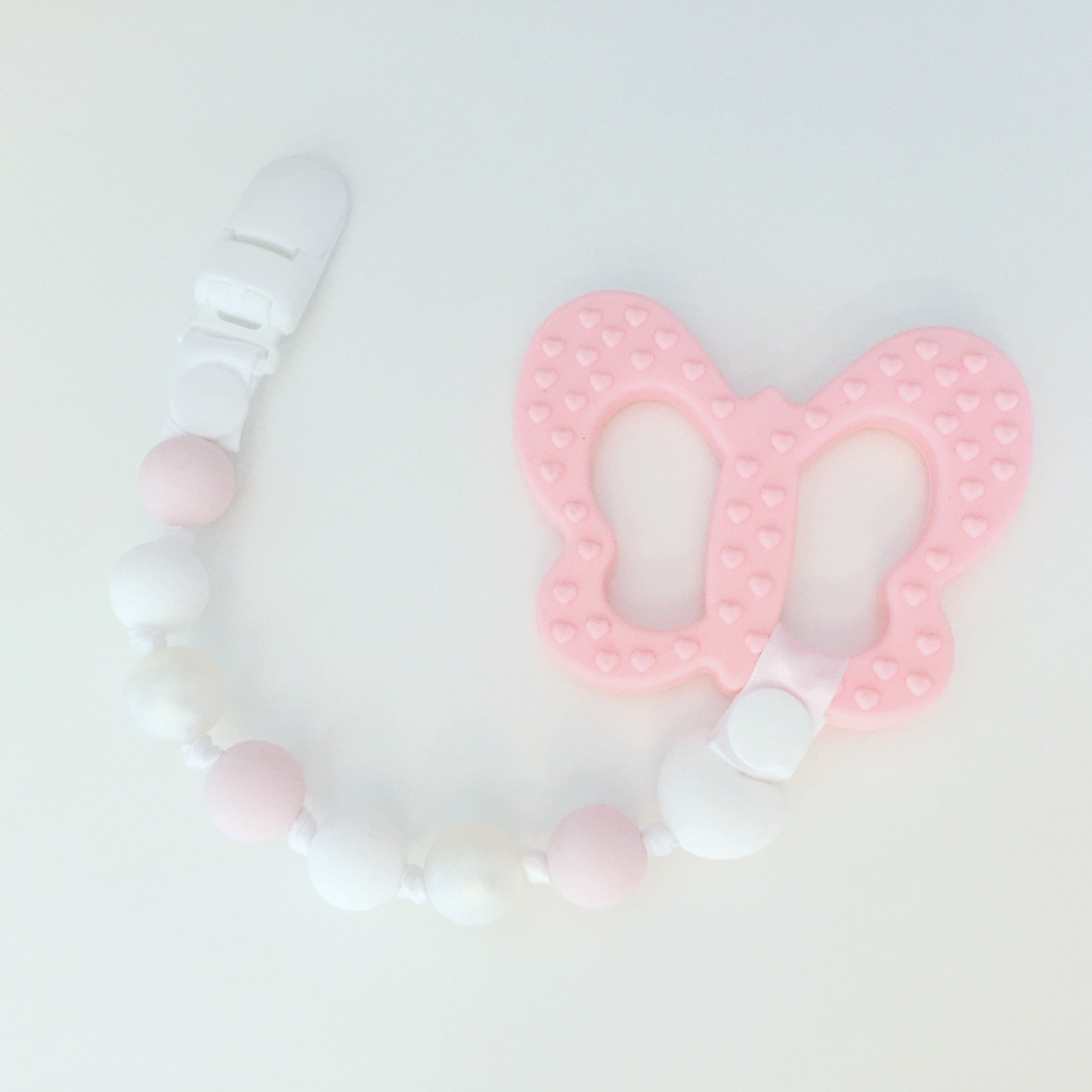 Butterfly Teether and Pacifier Clip Set (Pink, White)
