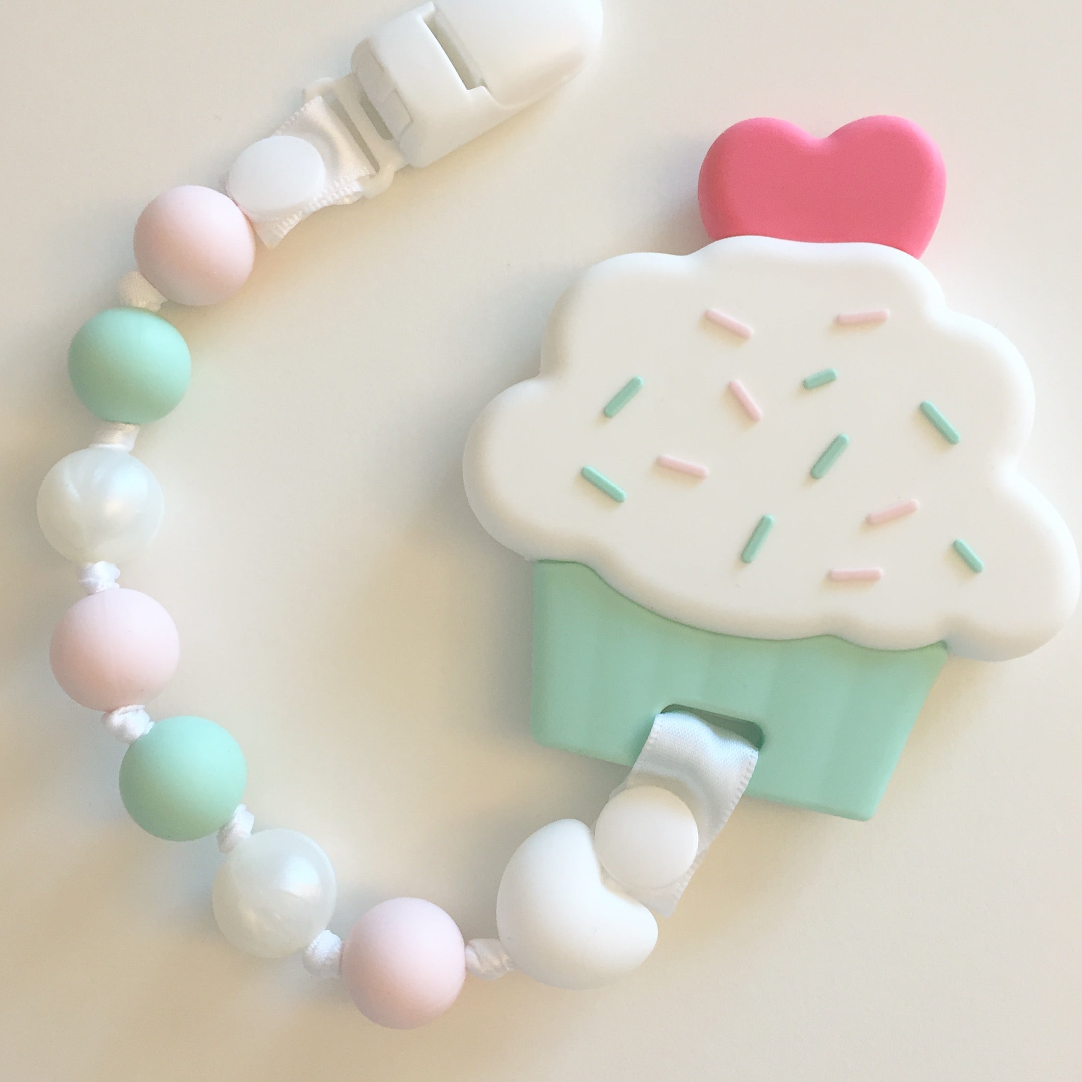 Cupcake and Pacifier Clip Teether Set (Pink, Mint)