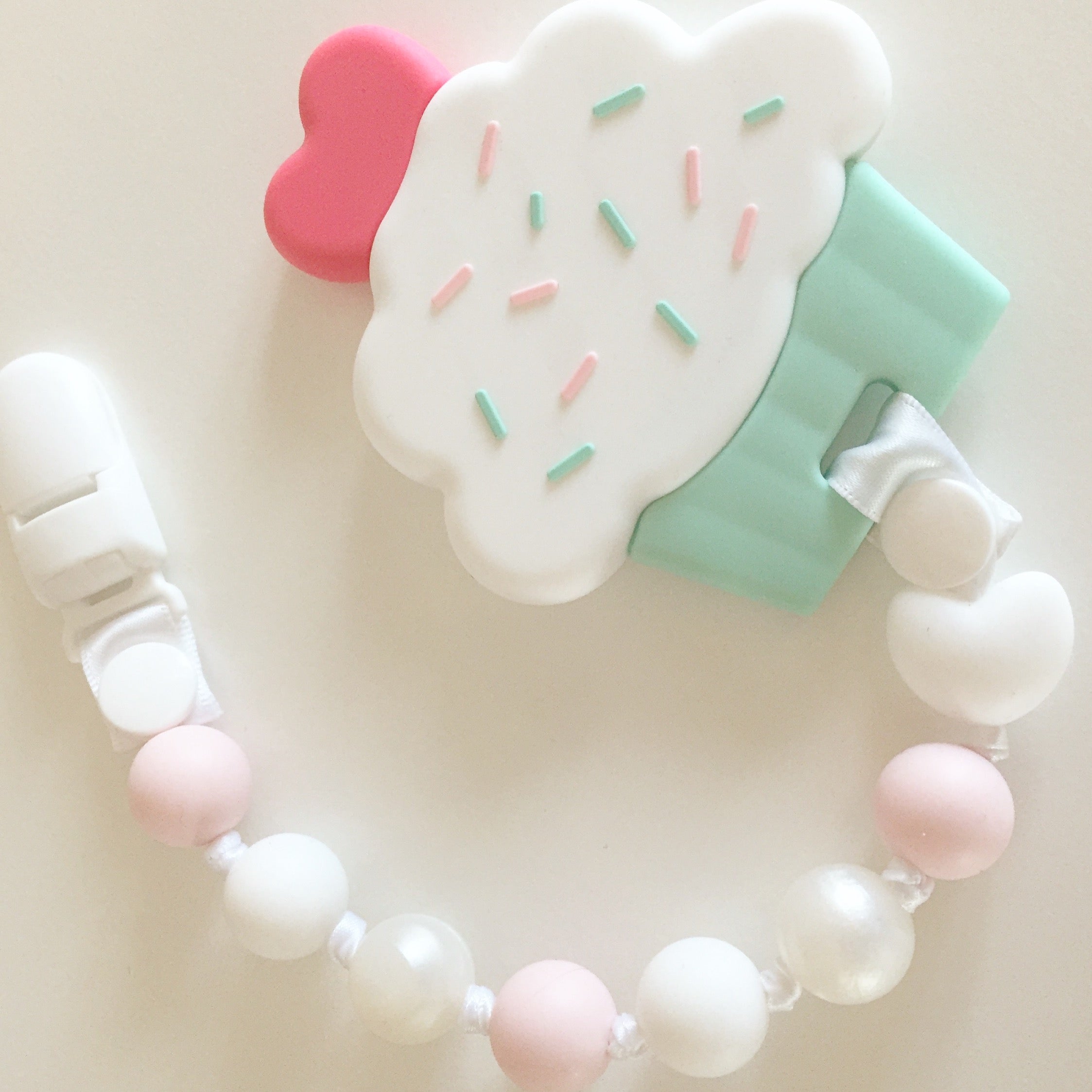 Cupcake and Pacifier Clip Teether Set (Pink, White)
