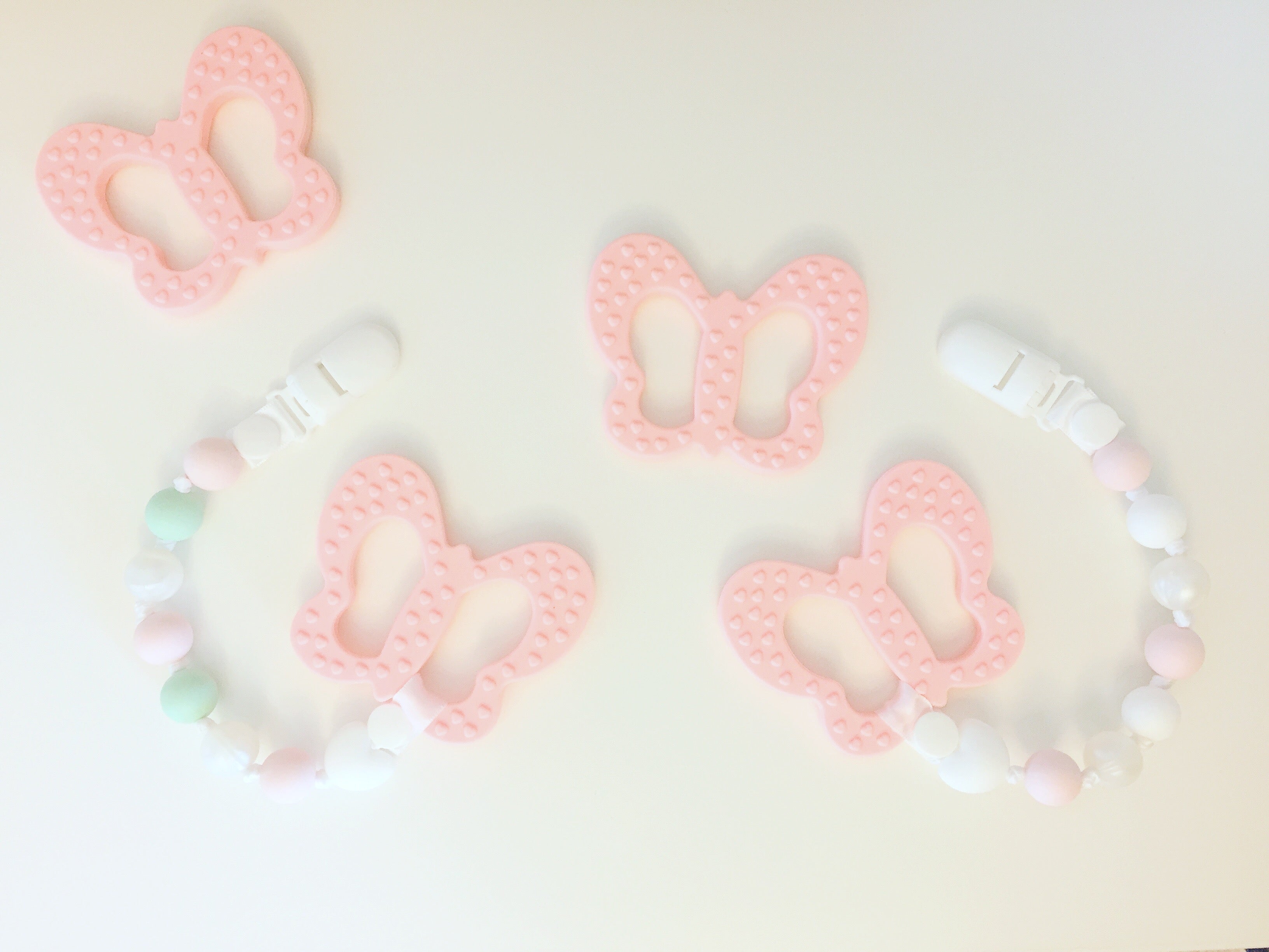 Butterfly Teether and Pacifier Clip Set (Pink, White)