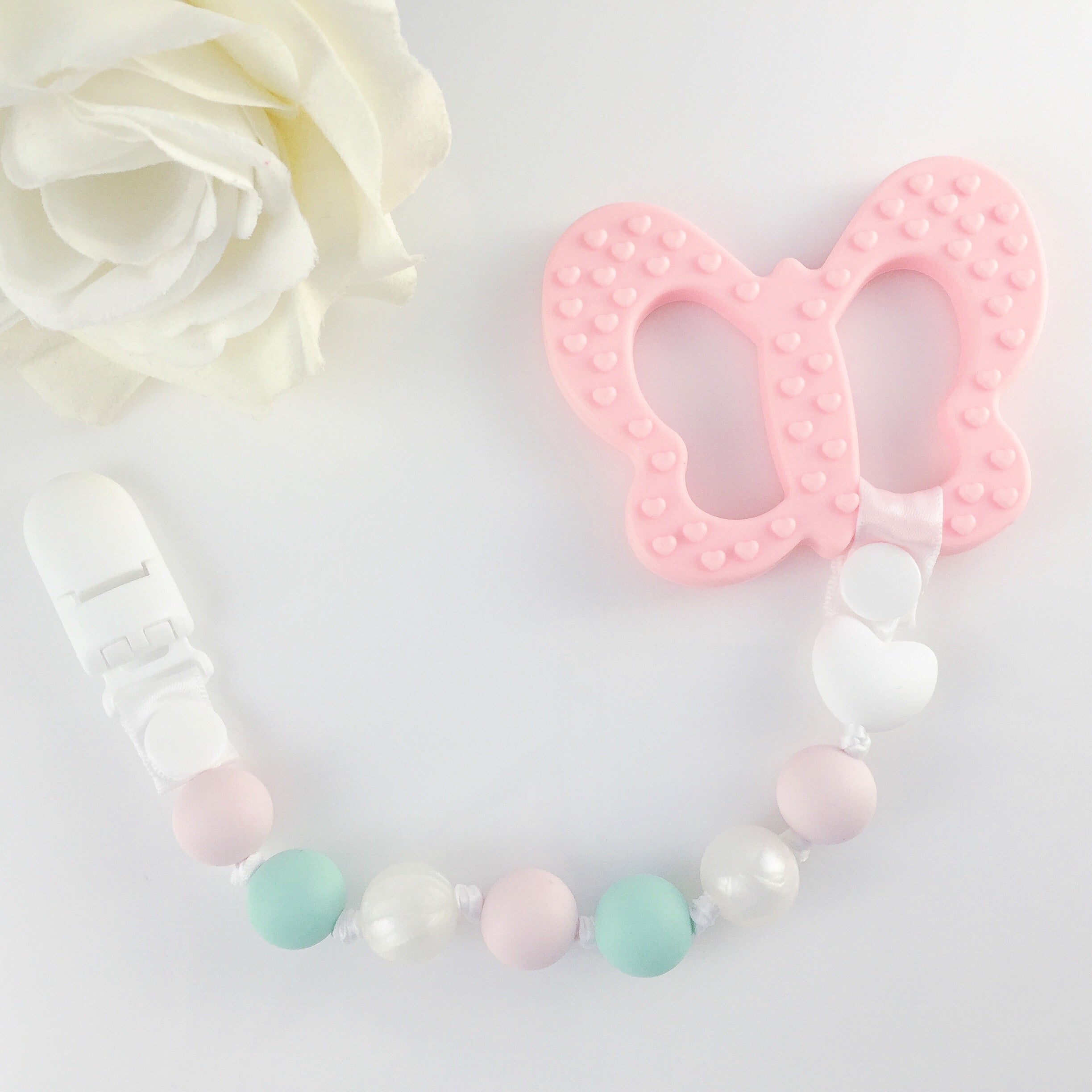 Butterfly Teether and Pacifier Clip Set (Pink, White)