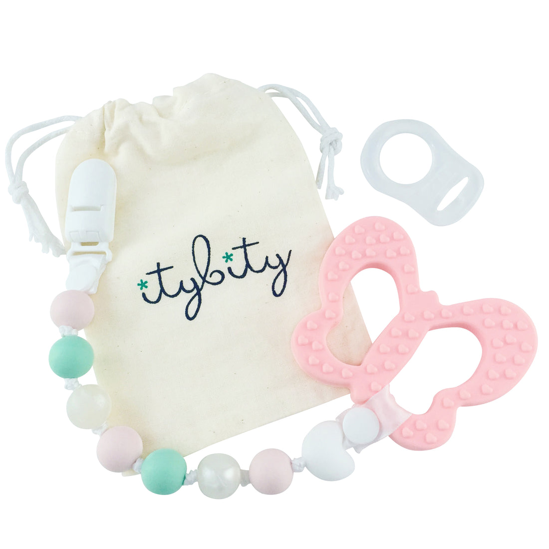 Butterfly Teether and Pacifier Clip Set (Pink, White)