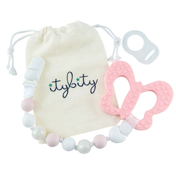 Butterfly Teether and Pacifier Clip Set (Pink, White)