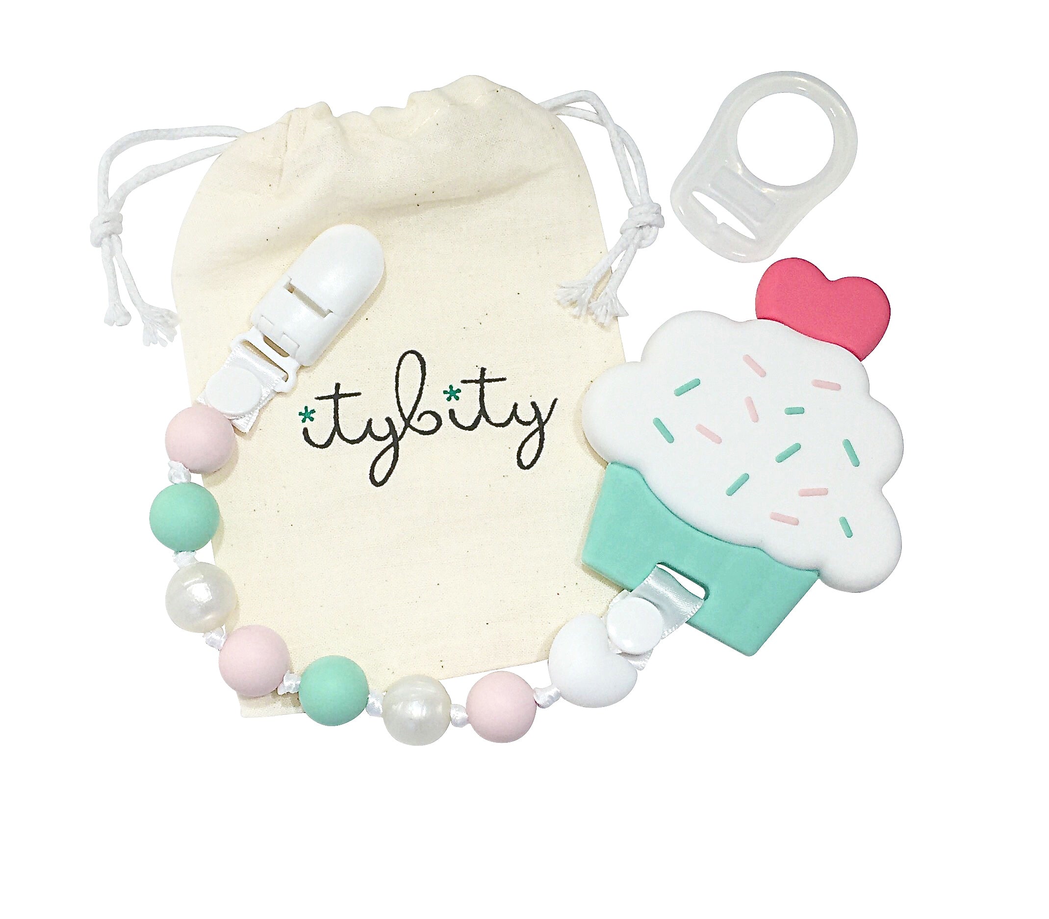 Cupcake and Pacifier Clip Teether Set (Pink, Mint)