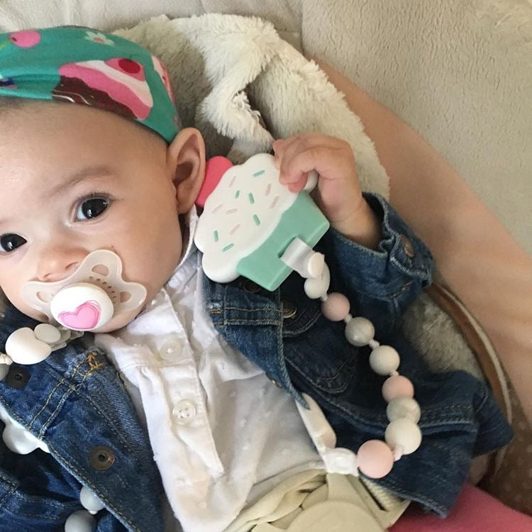 Cupcake and Pacifier Clip Teether Set (Pink, White)