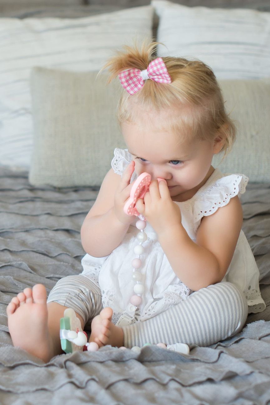 Butterfly Teether and Pacifier Clip Set (Pink, White)