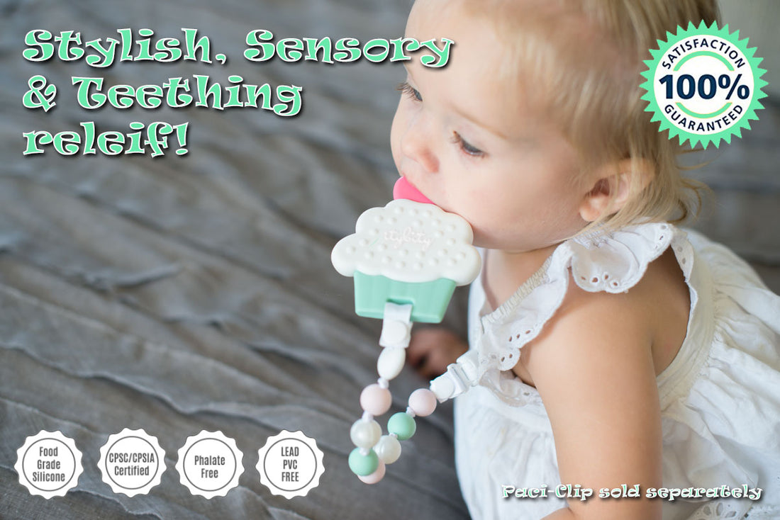 Cupcake and Pacifier Clip Teether Set (Pink, Mint)