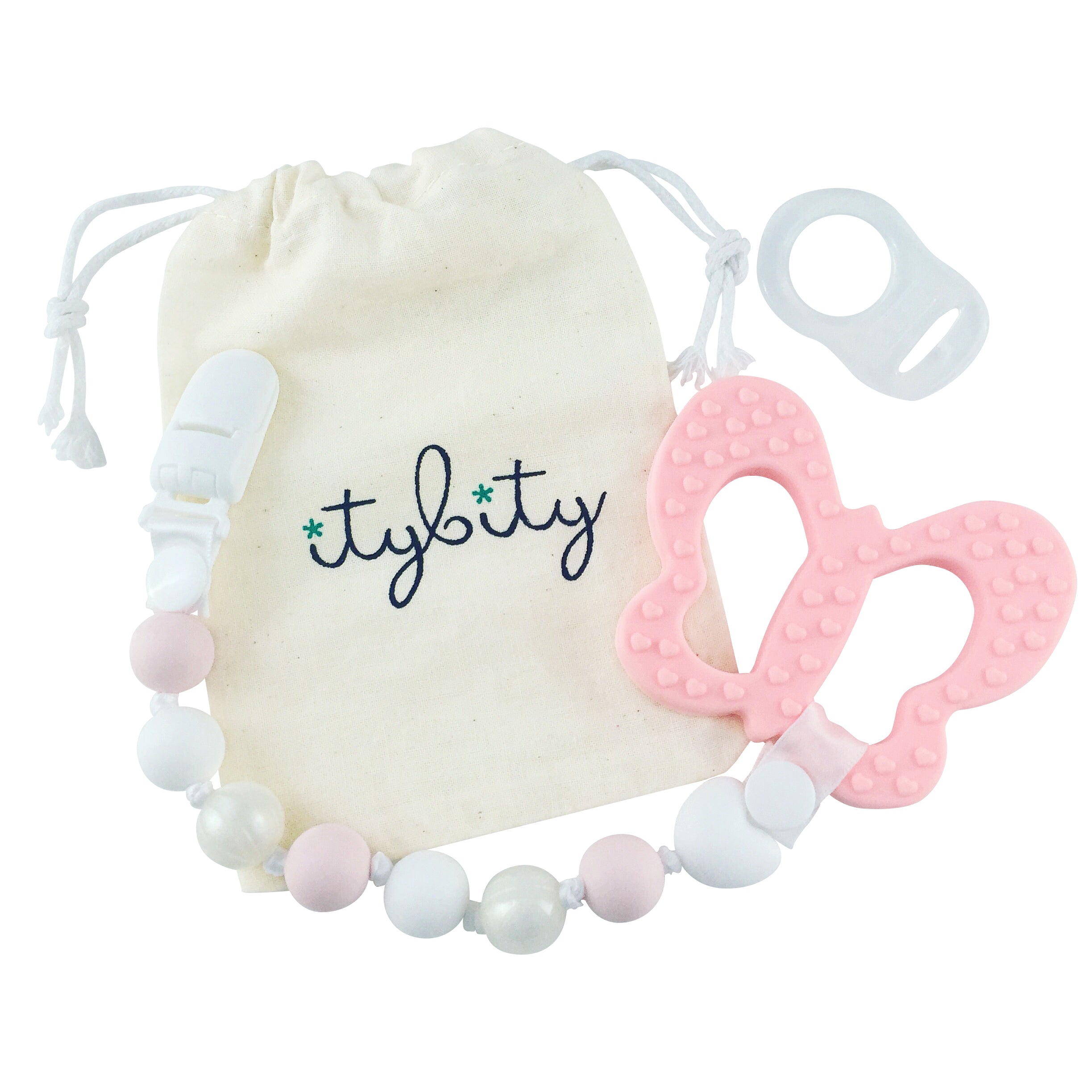 Butterfly Teether and Pacifier Clip Set (Pink, White)
